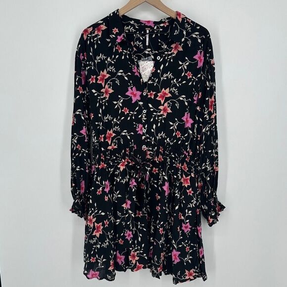 Free people dress womens large lighten up black floral boho prairie feminine nwt - Picture 2 of 11